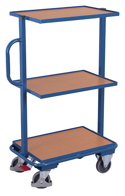 Small order-picking trolley with 3 wooden shelves