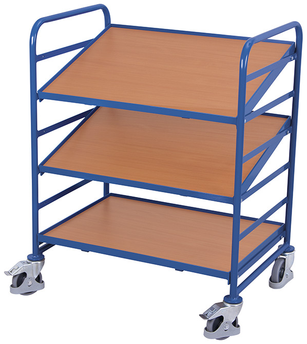 Chariot porte-bacs norme européenne avec 3 plateaux en bois Chariot porte-bacs norme européenne avec 3 plateaux en bois