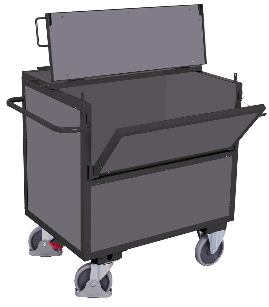 Box trolley with board panels and lid, welded