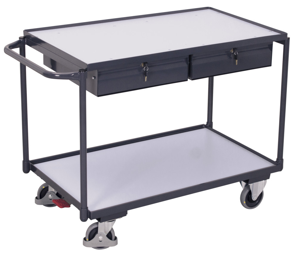 ESD table trolley with 2 load surfaces and 2 drawers