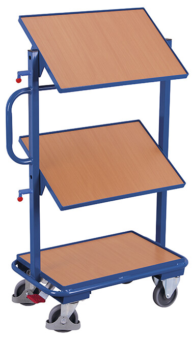 Small order-picking trolley with 3 wooden shelves, tiltable