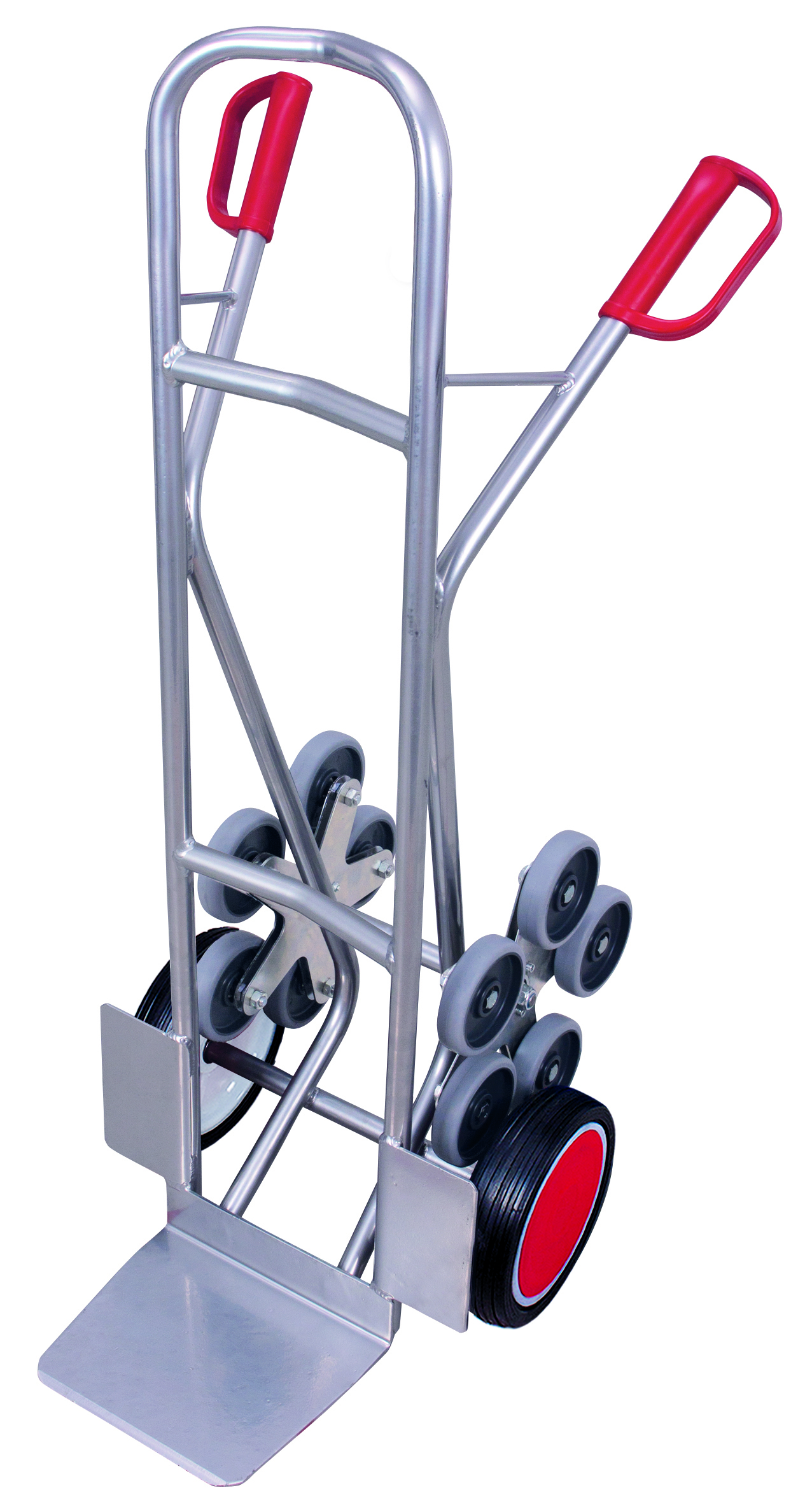 Aluminiowa taczka do transportu po schodach, dwa 5 ramienne wieńce kół