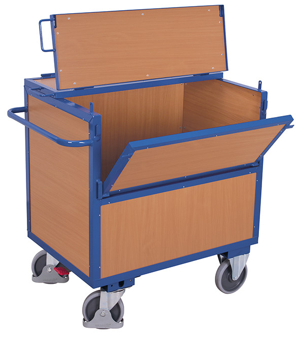 Box trolley with board panels and lid, welded