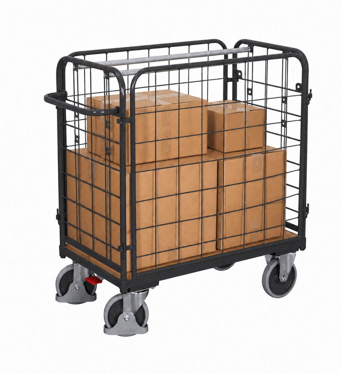 Chariot grillagé bas pour colis avec 4 parois