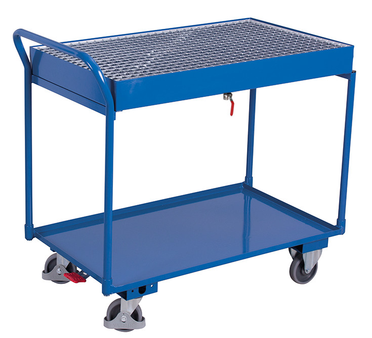 Table trolley with 2 load surfaces and galvanised grating