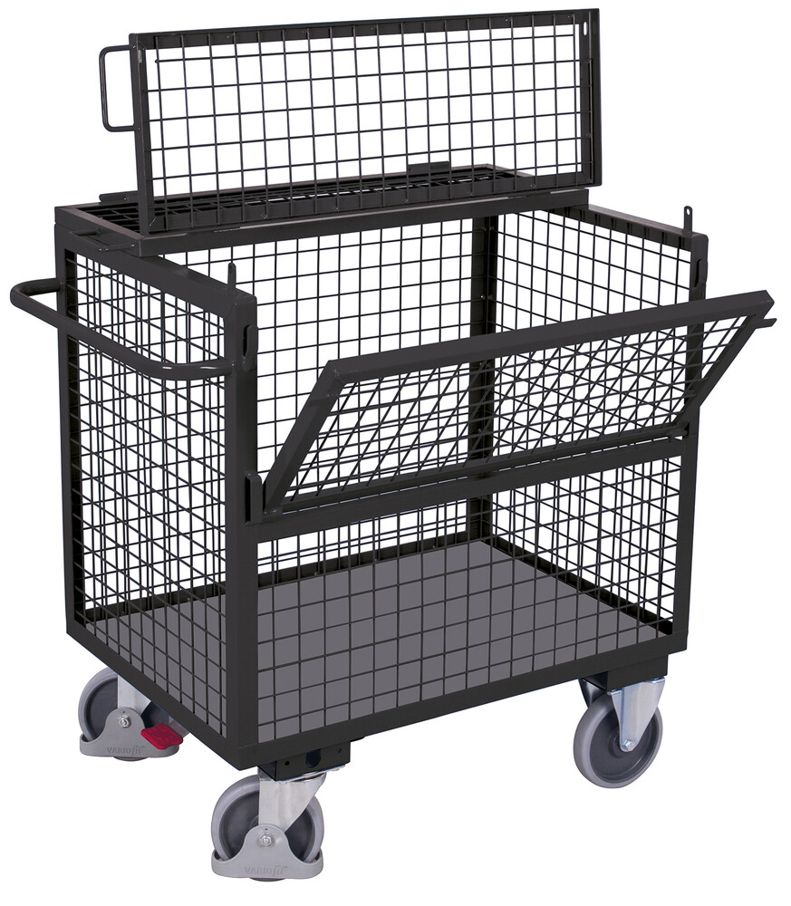 Box trolley with mesh and lid, welded