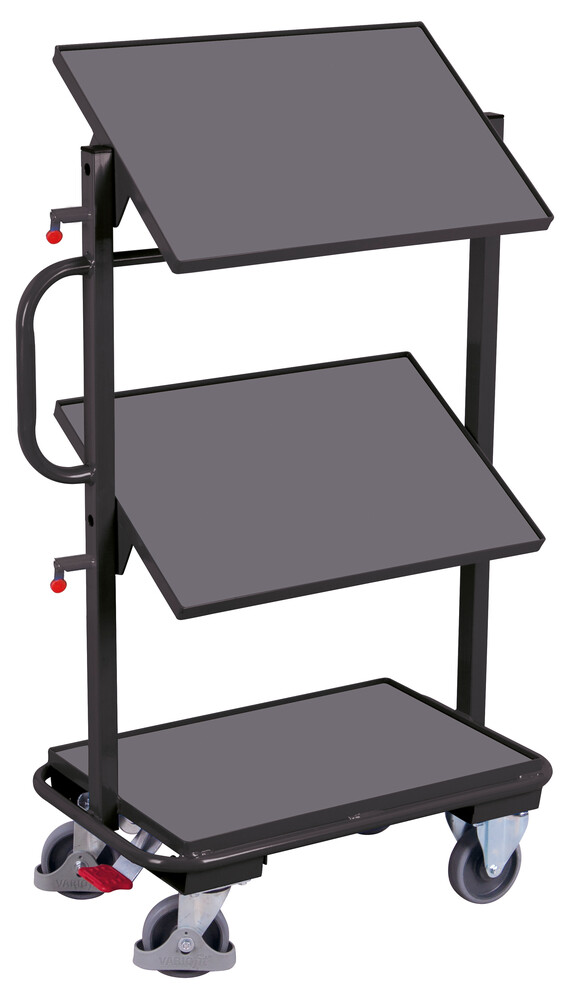 Small order-picking trolley with 3 wooden shelves, tiltable