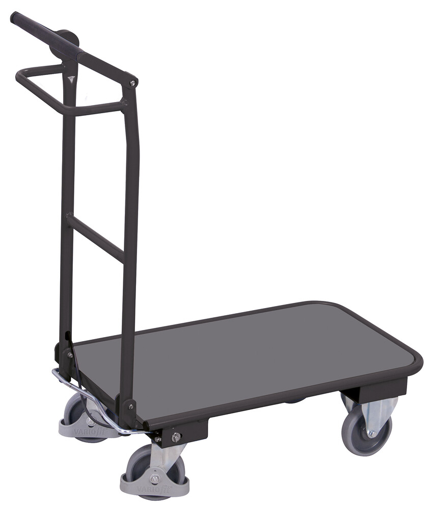 Folding push bar trolley with dead man’s brake Folding push bar trolley with dead man’s brake