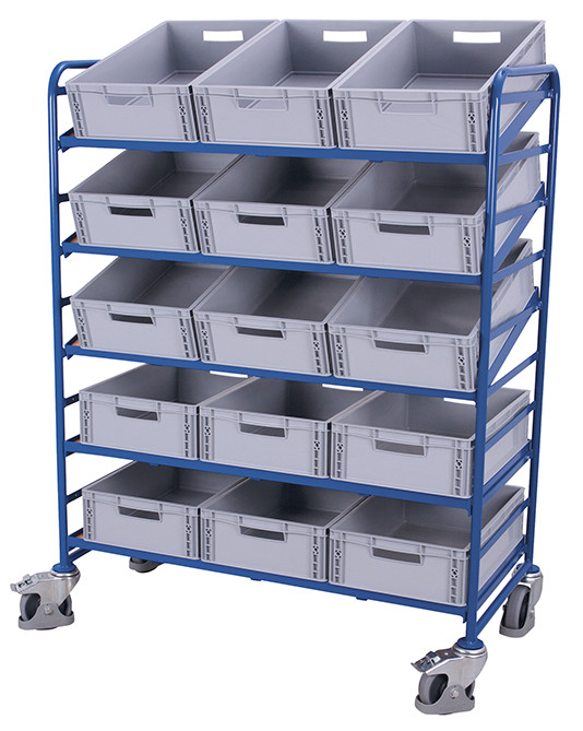 Chariot porte-bacs norme europénne avec 15 bacs plastiques Chariot porte-bacs norme europénne avec 15 bacs plastiques