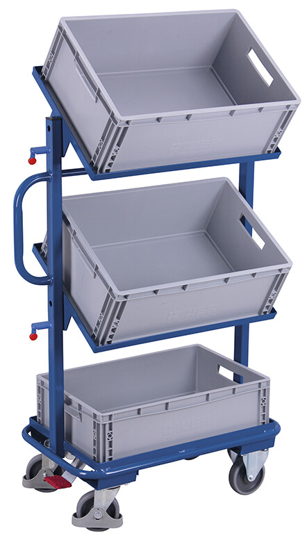 Chariot desserte avec 3 bacs plastiques, plateaux inclinés Chariot desserte avec 3 bacs plastiques, plateaux inclinés