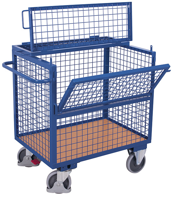 Box trolley with mesh and lid, welded