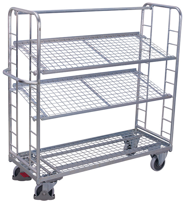 Shelf trolley with 3 mesh shelves, galvanised