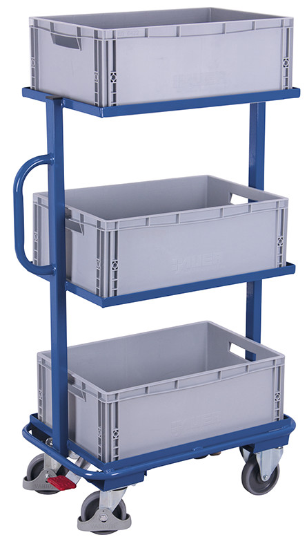 Small order-picking trolley with 3 plastic crates