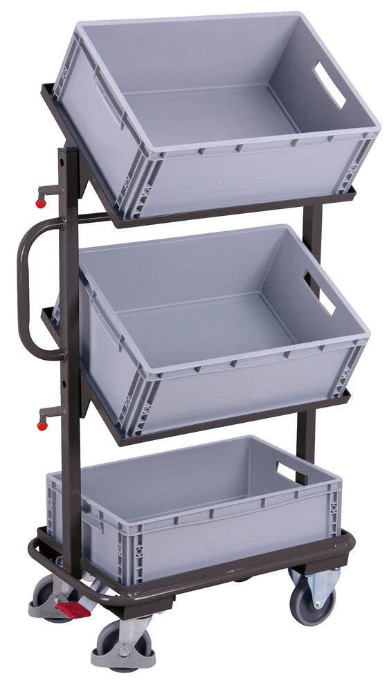 Small order-picking trolley with 3 plastic crates, tiltable