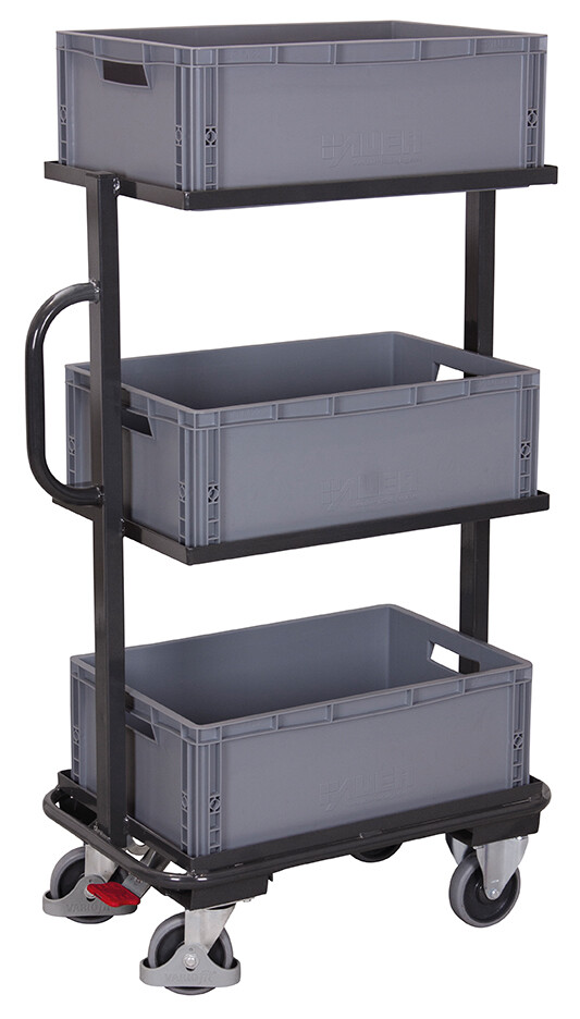 Small order-picking trolley with 3 plastic crates