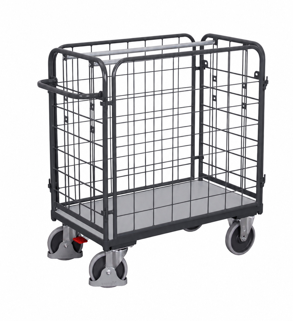 Chariot grillagé bas pour colis avec 4 parois