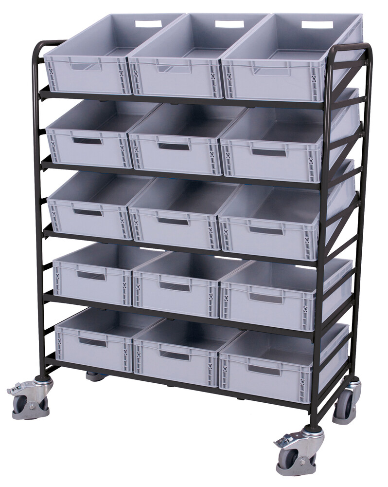 Chariot porte-bacs norme europénne avec 15 bacs plastiques Chariot porte-bacs norme europénne avec 15 bacs plastiques