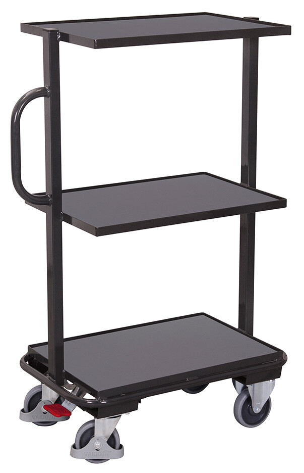 Small order-picking trolley with 3 wooden shelves